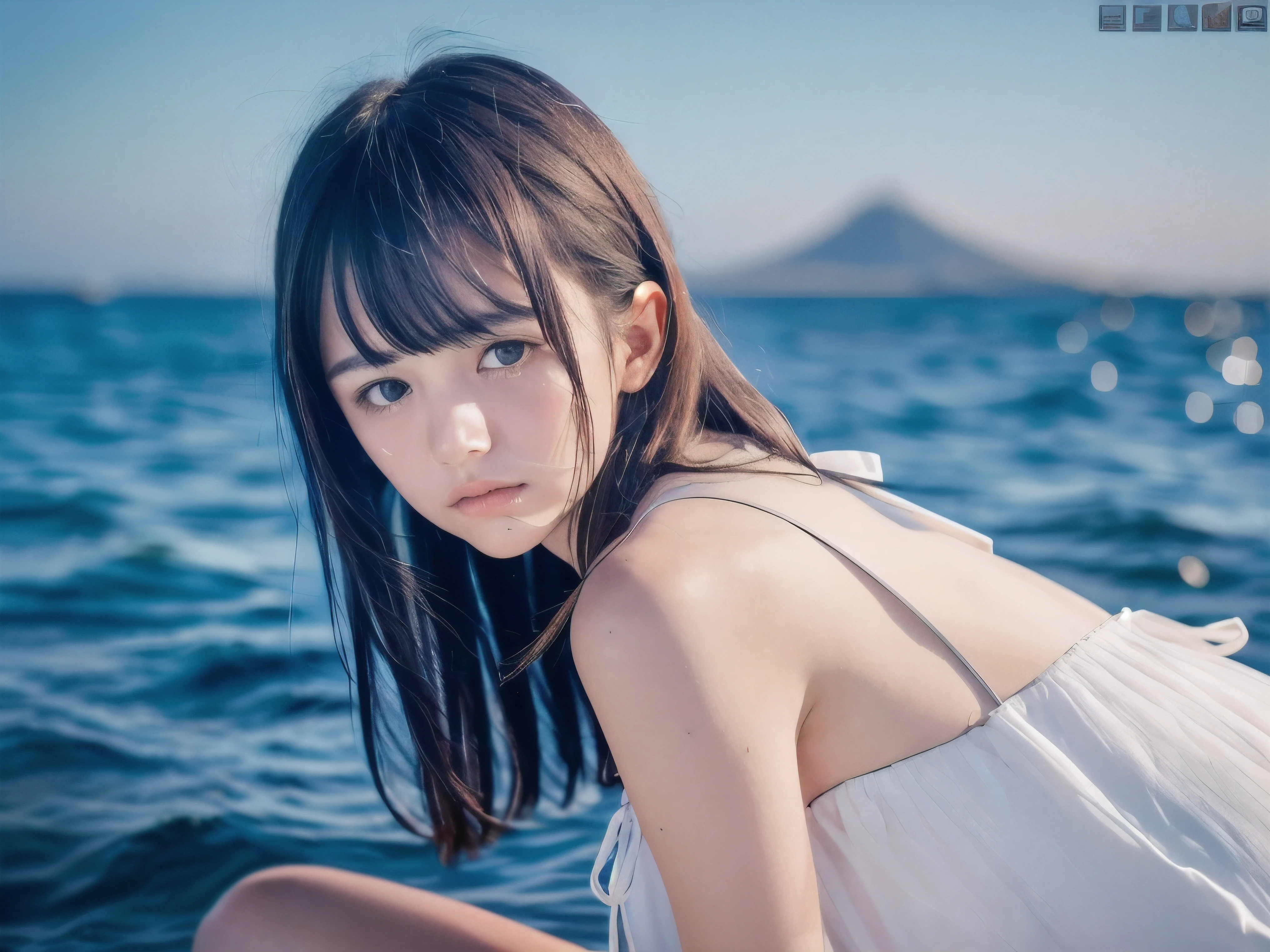 (Close up face shot of slender small-breasted dark silver long hair with swept bangs girl wearing a white summer dress:1.5)、(One girl is turn around and crying face with tears at the cape of the sea in Japan:1.5)、(Beautiful full moon night on the sea:1.5)、(blurred background:1.5)、(8k ultra detailed master piece:1.5)、(perfect anatomy:1.5)、(Photorealistic stick:1.5)、(Raw photo:1.3)、(highest quality:1.5)、(High resolution:1.3)、(Delicate and beautiful perfect face:1.3)、(Delicate and beautiful eye air skin:1.3)、(Real Human Skin:1.3)、((thin legs))