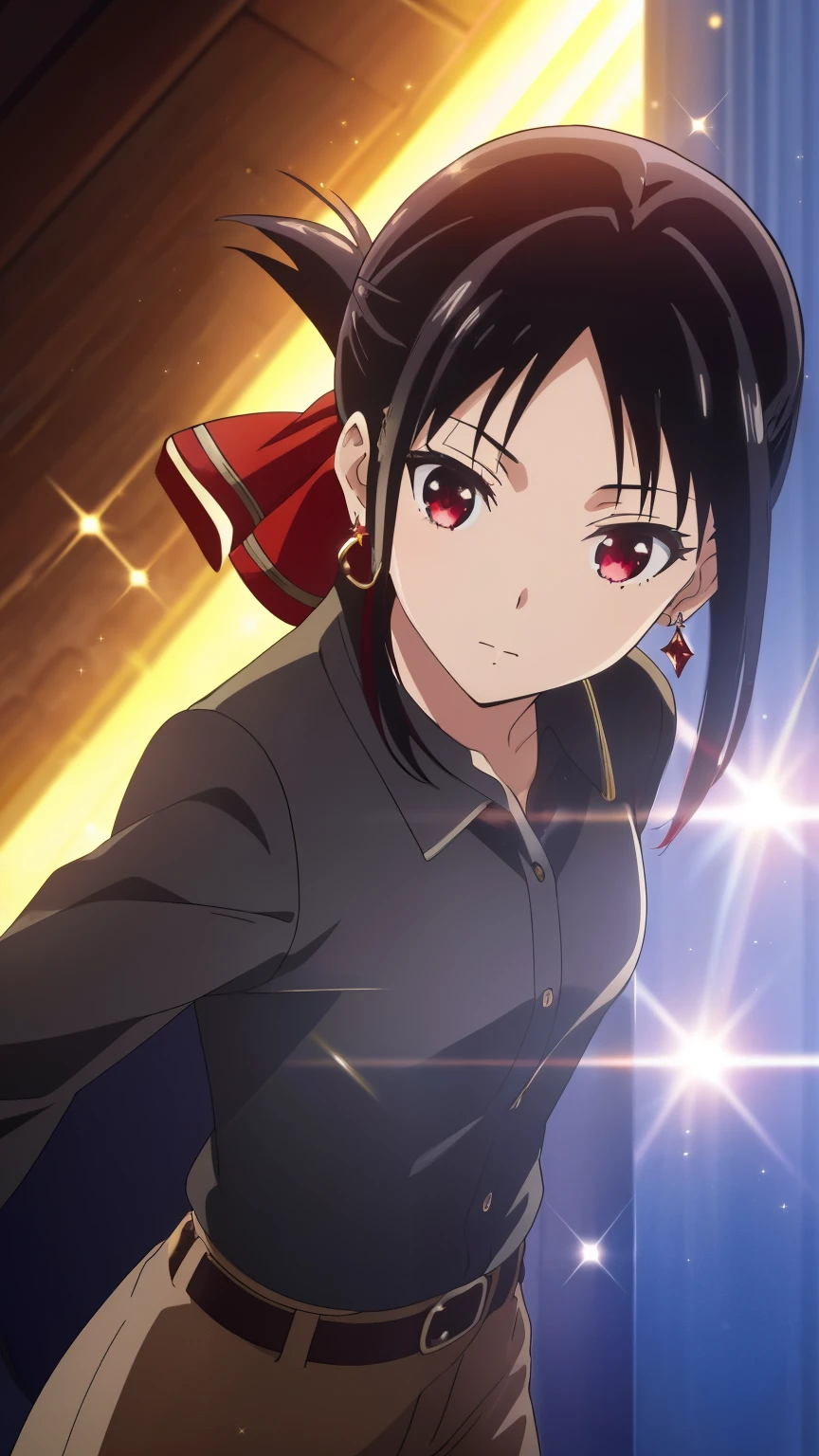 (best quality, masterpiece, 8k:1.2), (anime:1.2), detailed, Shinomiya Kaguya,1girl, solo, (black hair:1.2), side Lock, red eyes, short hair, folded ponytail, red hair ribbon, eye light, small medium breasts, (sparkly western outfit, earrings, venue), 
Definition CG Unity, Perfect lit, bright_front_face_lit,Super detailed, photograph, 8K, nffsw, High resolution, (absurd:1.2), kodak portrait 400, film grain, Lens flare, (lively_color:1.2), looking at the viewer, (cowboy shot:1.2), dynamic angle, 