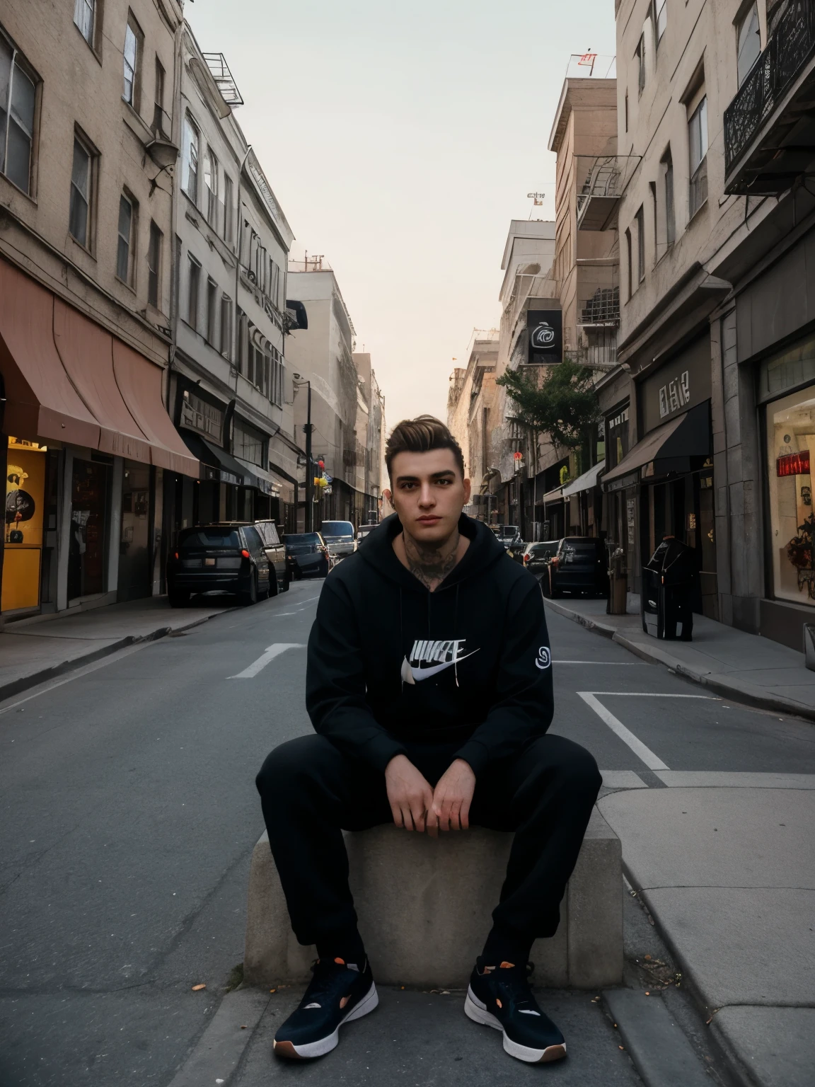  man in his late 20s, with Sicilian and Hispanic heritage, sits confidently in the middle of an urban street. He is wearing an oversized black hoodie and matching black gym pants, paired with nike dunk shoes. His skin is lightly tanned olive tone, "without any tattoos", and he has a slightly stronger build. His face is rounded and clean-shaven, highlighting his sharp features. His hair is styled in a 1950s Rockabilly look, reminiscent of Elvis Presley, but slightly tousled, adding a modern twist to the classic style. The street is lined with tall, narrow buildings of los angeles architectural style, with sun 80's background. The scene conveys a mix of street fashion with an urban,gothic vibe, captured in 90's fun night with neon lights.