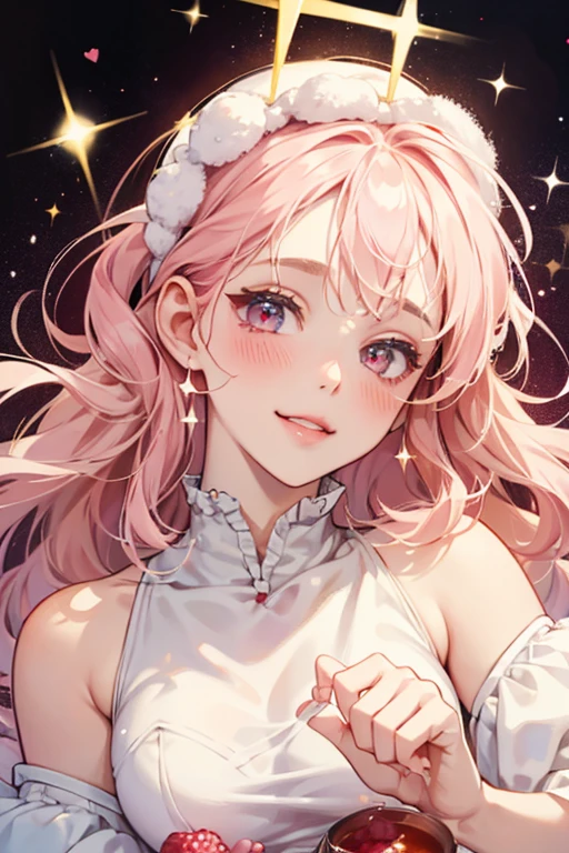 A pale, cream-colored girl bear flan with raspberry syrup covering her head. She is making an excited expression with pale pink blushed cheeks. SPARKLE; GLITTER