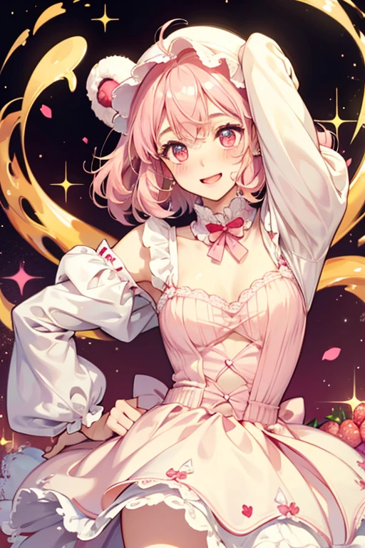 A pale, cream-colored girl bear flan with raspberry syrup covering her head. She is making an excited expression with pale pink blushed cheeks.  SPARKLE; GLITTER