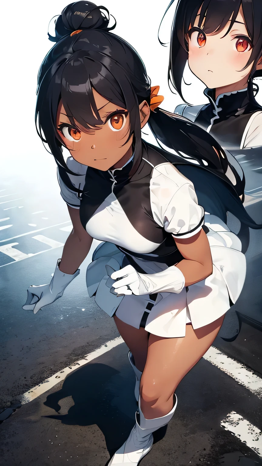 Highest quality、Realistic、woman、zoom、Orange eyes、Black Hair、Bun Hair、White Chinese Dress、thin、Small breasts、Sunburn。Dark Skin、、White long gloves、White long boots、