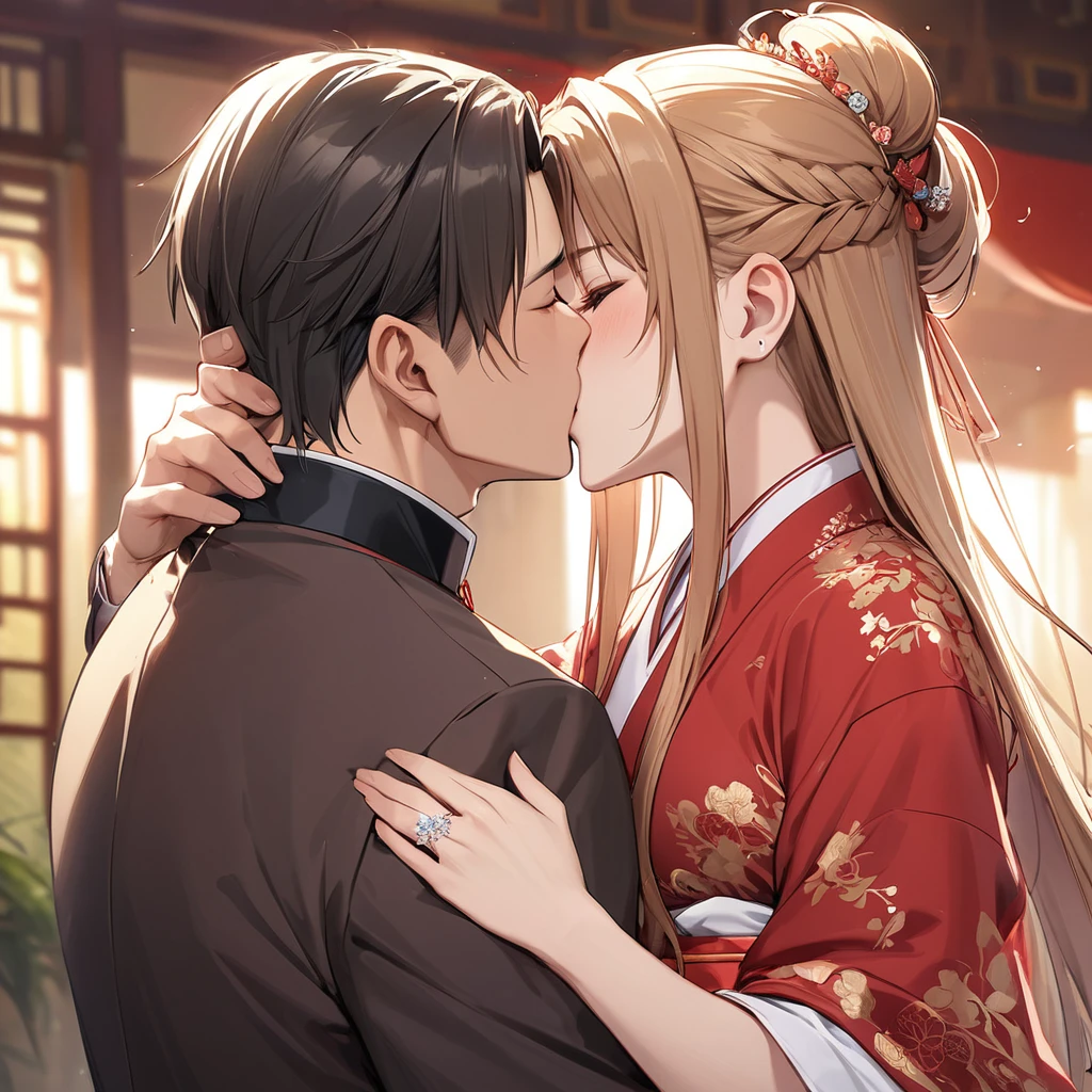 ((Highest quality)), ((masterpiece)), (detailed), （Perfect Face）、The woman was Yuuki Asuna, with her light brown, medium-long hair tied up in a bun. She was wearing a gorgeous red wedding kimono with gold embroidery and trim, and was adorned with gorgeous accessories and an engagement ring.、The woman and a handsome, dignified middle-aged Chinese man embrace each other, kiss each other, and hold a grand wedding ceremony.