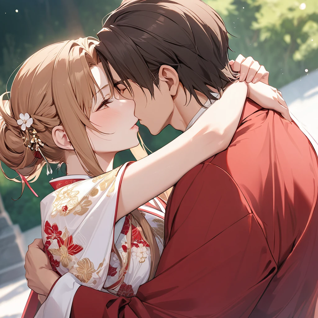 ((Highest quality)), ((masterpiece)), (detailed), （Perfect Face）、The woman was Yuuki Asuna, with her light brown, medium-long hair tied up in a bun. She was wearing a gorgeous red wedding kimono with gold embroidery and trim, and was adorned with gorgeous accessories and an engagement ring.、The woman and a handsome, dignified middle-aged Chinese man embrace each other, kiss each other, and hold a grand wedding ceremony.