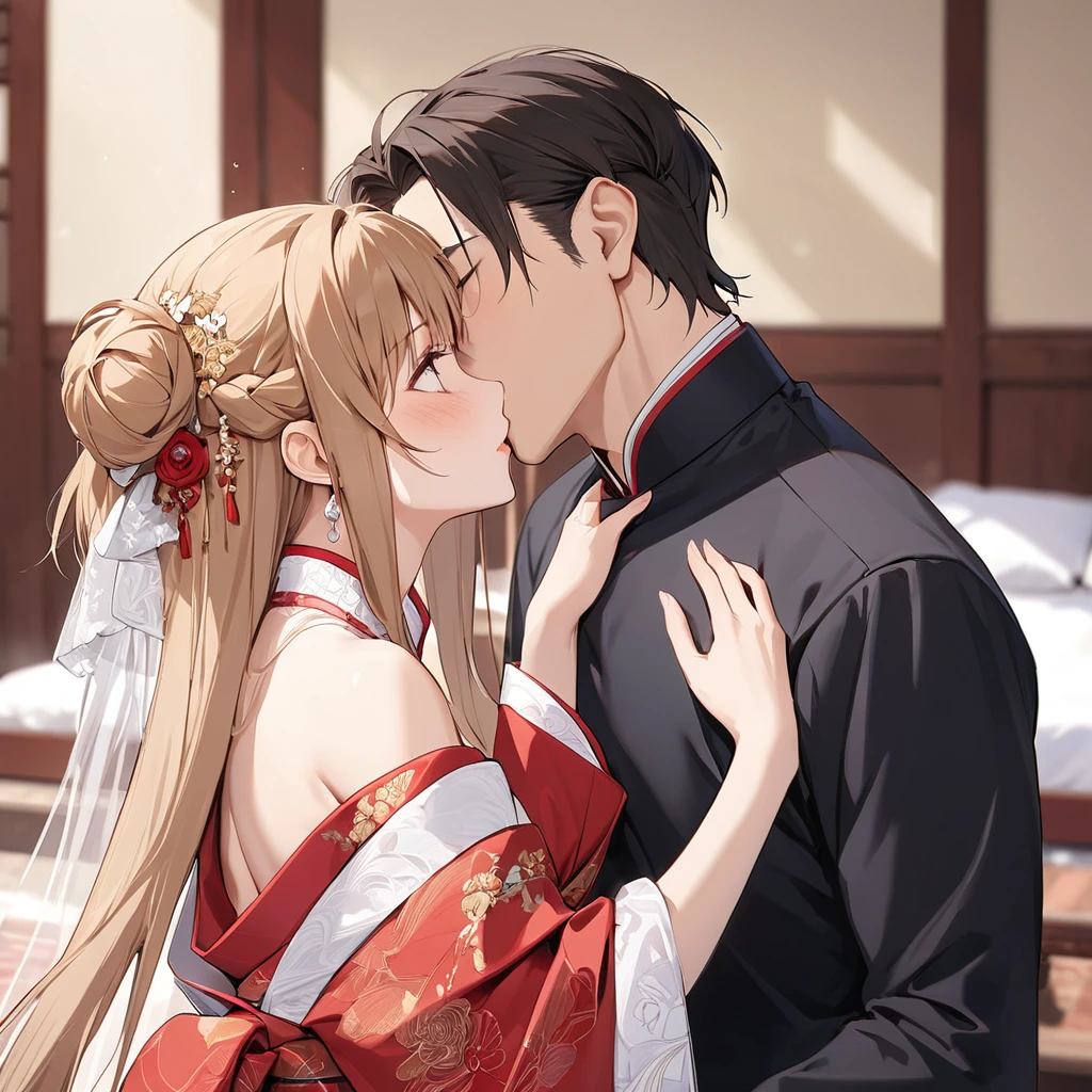 ((Highest quality)), ((masterpiece)), (detailed), (Perfect Face)、The woman was Yuuki Asuna, with her light brown, medium-long hair tied up in a bun. She was wearing a gorgeous red wedding kimono with gold embroidery and trim, and was adorned with gorgeous accessories and an engagement ring.、The woman and a handsome, dignified middle-aged Chinese man embrace each other, kiss each other, and hold a grand wedding ceremony.