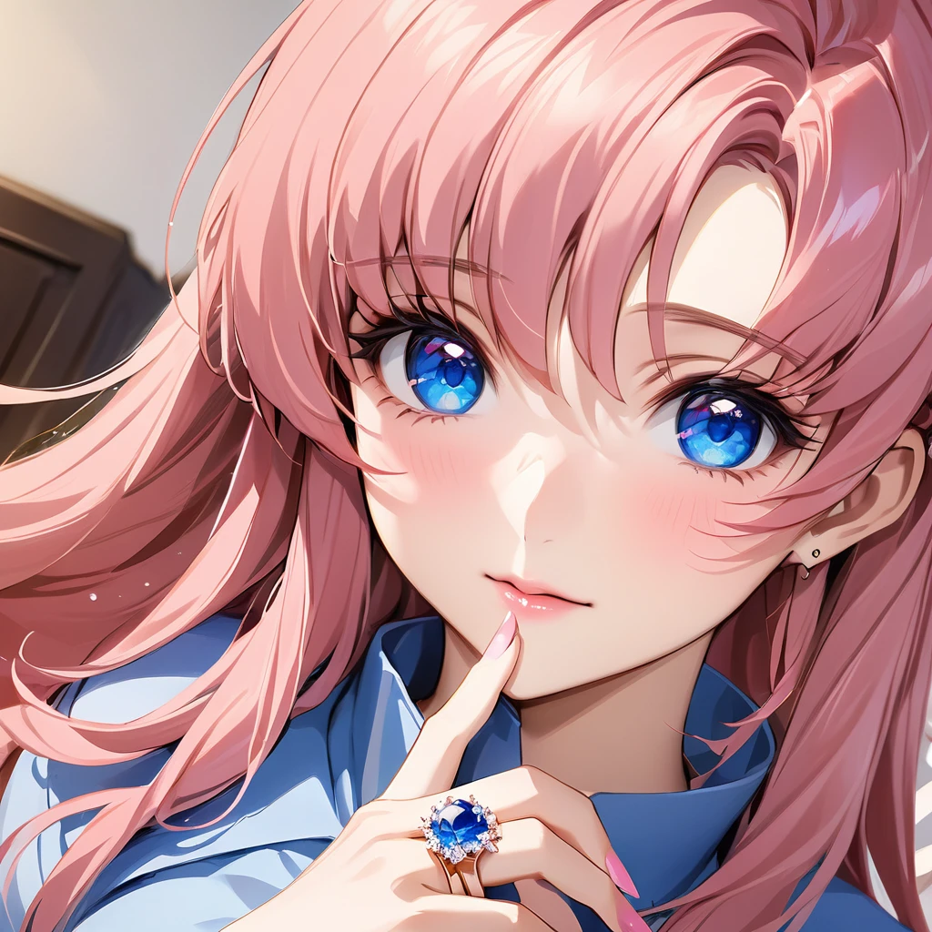 ((Highest quality)), ((masterpiece)), (detailed), (Perfect Face)、The woman is Lacus Clyne, who is married to a Chinese man, and is an ordinary Chinese woman with blue eyes, pink hair, and medium-long hair, wearing an engagement ring.