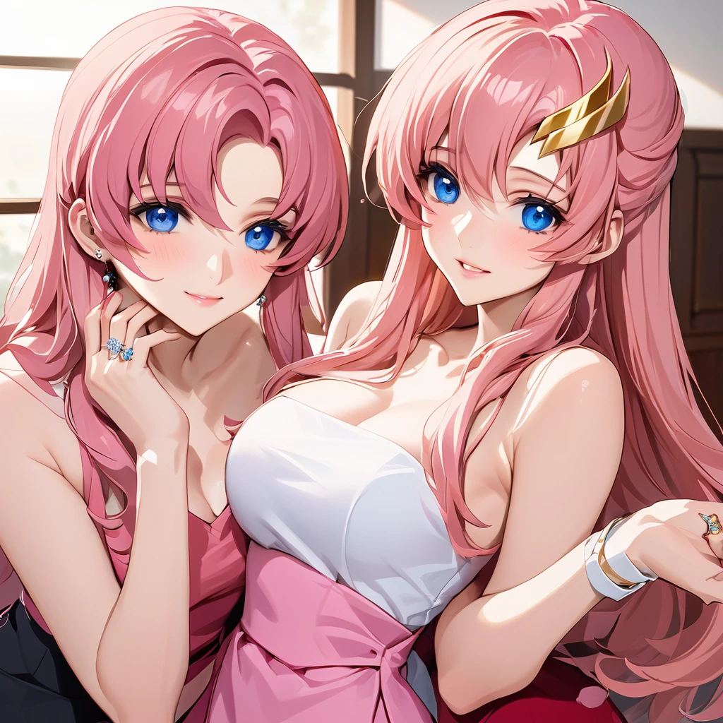 ((Highest quality)), ((masterpiece)), (detailed), （Perfect Face）、The woman is Lacus Clyne, who is married to a Chinese man, and is an ordinary Chinese woman with blue eyes, pink hair, and medium-long hair, wearing an engagement ring.