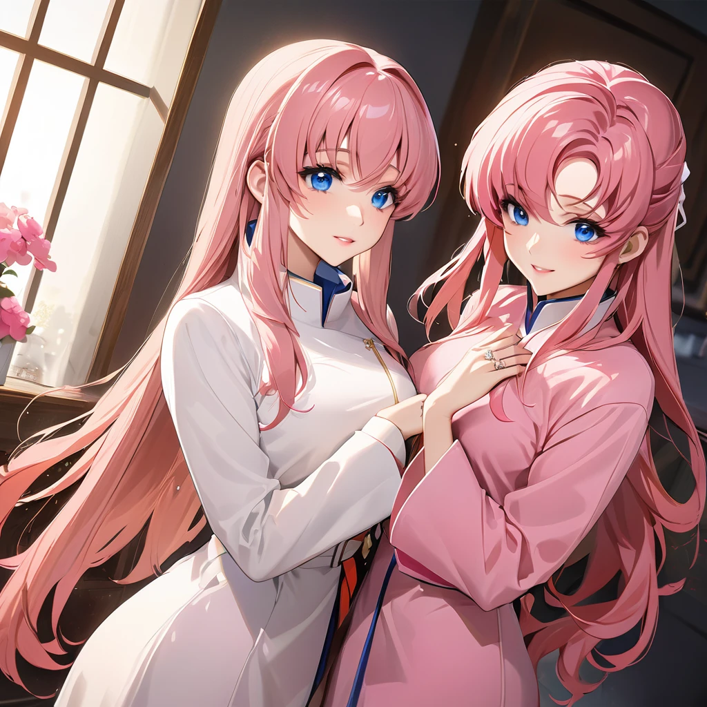 ((Highest quality)), ((masterpiece)), (detailed), (Perfect Face)、The woman is Lacus Clyne, who is married to a Chinese man, and is an ordinary Chinese woman with blue eyes, pink hair, and medium-long hair, wearing an engagement ring.