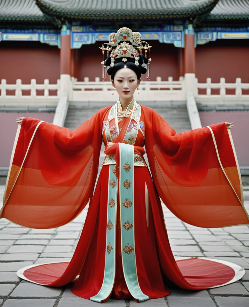 A naked Qing dynasty empress on the stone paving outside the Chinese palace of the Qing dynasty, seen from the front, wearing a red loincloth with both hands open. The Qing dynasty empress is wearing a large crown and has her hair tied up.