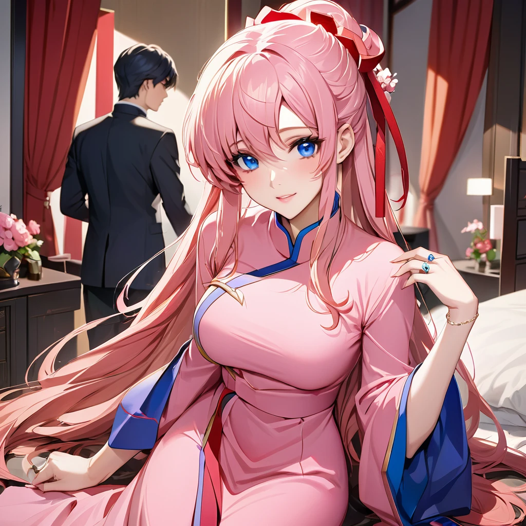 ((Highest quality)), ((masterpiece)), (detailed), （Perfect Face）、The woman is Lacus Clyne, who is married to a Chinese man, and is an ordinary Chinese woman with blue eyes, pink, medium-long hair, and an engagement ring.、The woman is dressed in typical Chinese clothing.