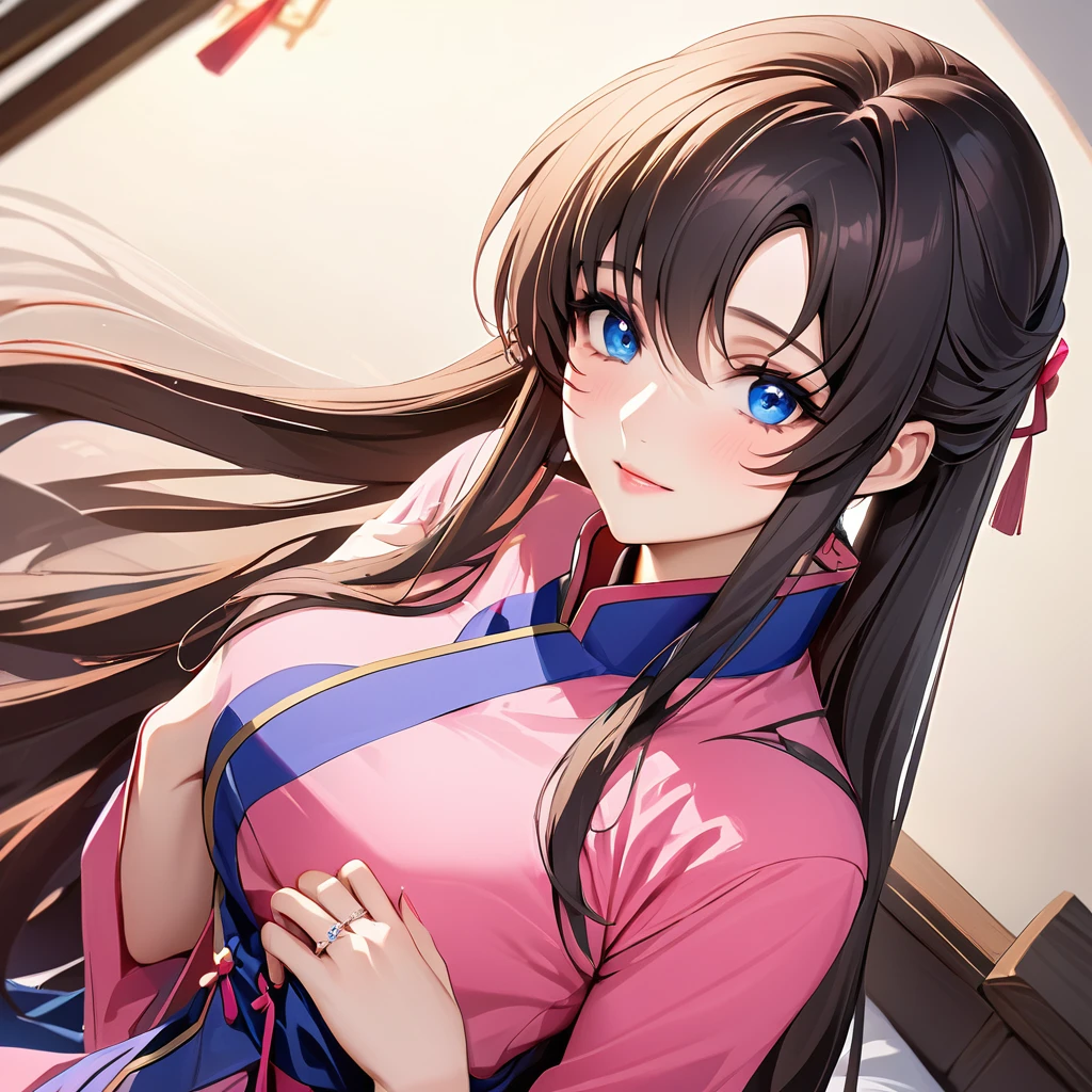 ((Highest quality)), ((masterpiece)), (detailed), (Perfect Face)、The woman is Lacus Clyne, who is married to a Chinese man, and is an ordinary Chinese woman with blue eyes, pink, medium-long hair, and an engagement ring.、The woman is dressed in typical Chinese clothing.