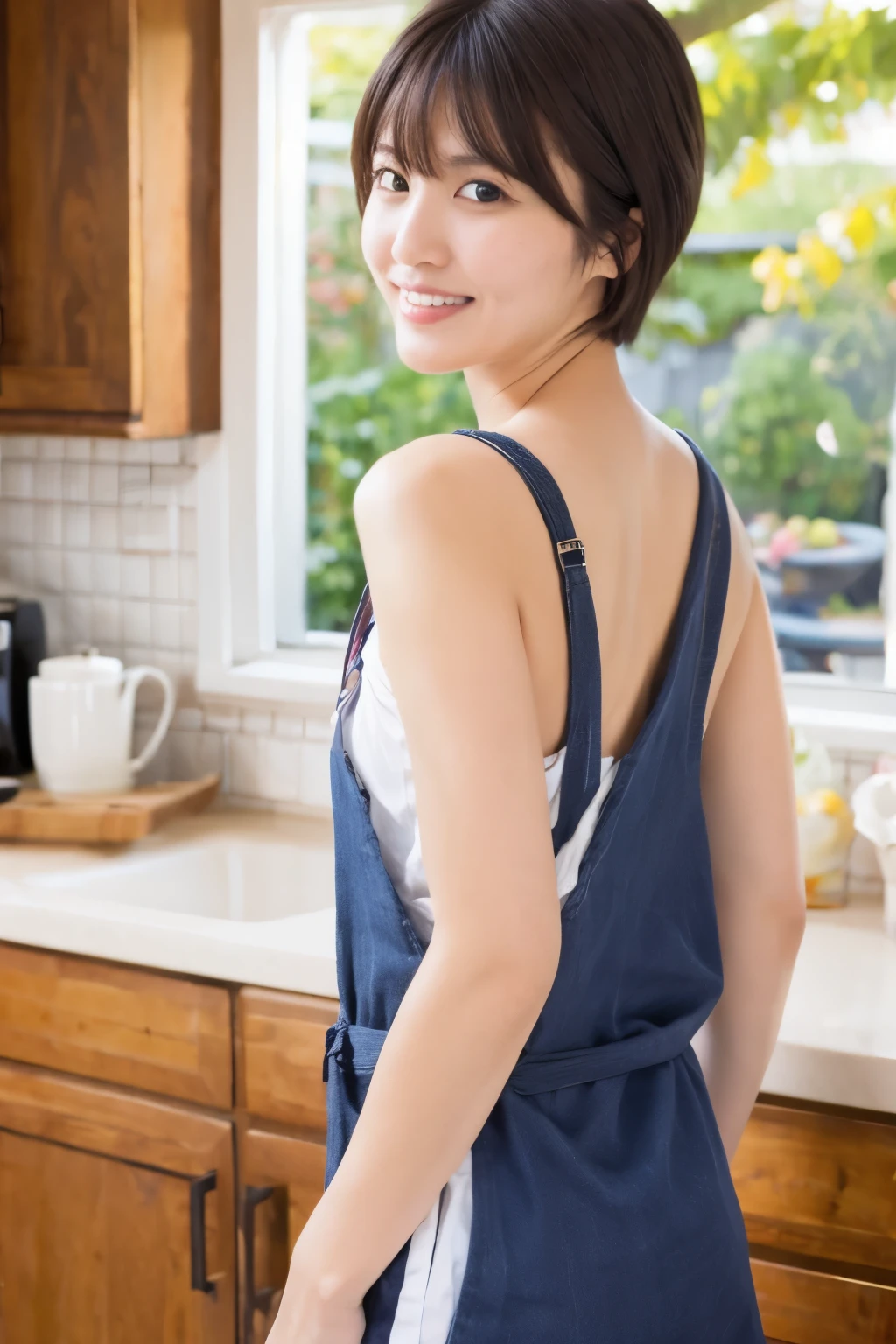 (masterpiece), high quality, high resolution, back view of a skinny Japanese woman, 40 years old, naked but wearing only an apron, short hair, cute face, detailed face, detailed eyes, standing at the kitchen