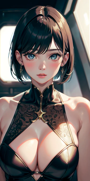 Best image quality、Excellent detail、Ultra-high resolution、(realism:1.4)、Best illustrations、I like the details、A rich and condensed mature woman, mature woman, mature woman、Delicate and beautiful face、Dressed in black and white、The background is a futuristic city high tech lighting scene、Beautiful cybernetic girl looking at realistic masterpiece of detailed muscles in underwear、Gold Parts、bangs、short hair、Skin Details、 Beautiful small breasts, blush,Realistic, Realistic Face, Realistic eyes,(((Cleavage)))。