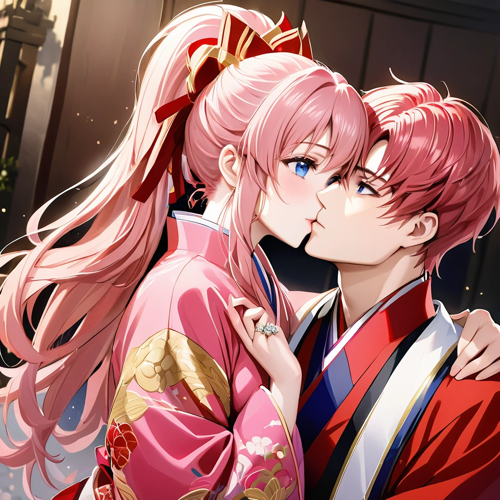 ((Highest quality)), ((masterpiece)), (detailed), （Perfect Face）、The woman is Lacus Clyne, with blue eyes and semi-long pink hair tied up in a ponytail. She is dressed in a gorgeous red wedding kimono with gold embroidery and trim, and is adorned with gorgeous accessories and an engagement ring.、The woman and a handsome, dignified middle-aged Chinese man embrace each other, kiss each other, and hold a grand wedding ceremony.
