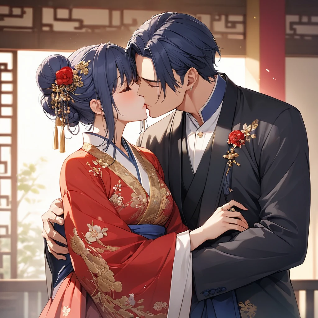 ((Highest quality)), ((masterpiece)), (detailed), (Perfect Face)、The woman, Akane Kurokawa, has short, blue bob hair tied up in a bun, is wearing a gorgeous red wedding Hanfu with gold embroidery and trim, and is lavishly dressed with gorgeous accessories and an engagement ring.、The woman and a handsome, dignified middle-aged Chinese man embrace each other, kiss each other, and hold a grand wedding ceremony.