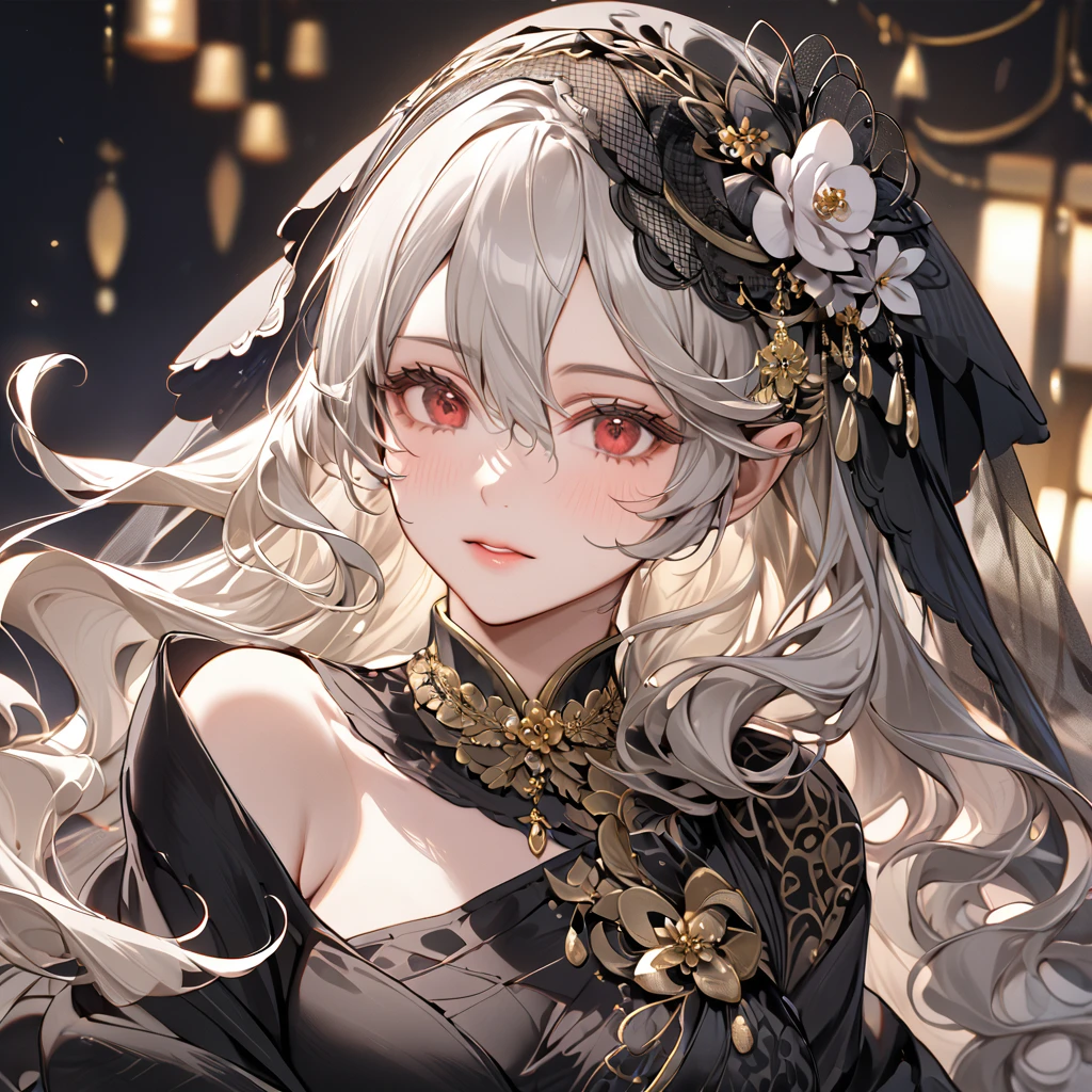 ((Highest quality)), ((masterpiece)), (detailed), （Perfect Face）、The woman is a Kamuy, a beautiful dark bride with medium-long silver hair, wearing a gorgeous black wedding dress with gold embroidery and trim, a black wedding veil, and an engagement ring.