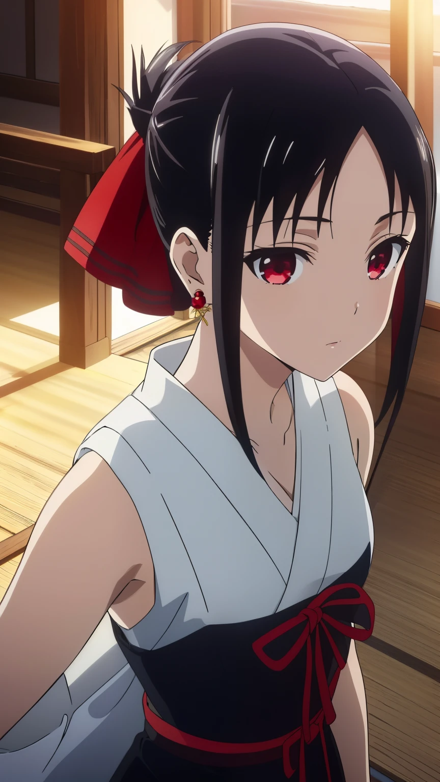 (best quality, masterpiece, 8k:1.2), (anime:1.2), detailed, Shinomiya Kaguya,1girl, solo, (black hair:1.2), side Lock, red eyes, short hair, folded ponytail, red hair ribbon, eye light, small medium breasts, (earrings, japanese clothing, sleeveless, bare shoulders, side bust, sleeveless kimono, jewelry), 
Definition CG Unity, Perfect lit, bright_front_face_lit,Super detailed, photograph, 8K, nffsw, High resolution, (absurd:1.2), kodak portrait 400, film grain, Lens flare, (lively_color:1.2), looking at the viewer, (cowboy shot:1.2), dynamic angle, 