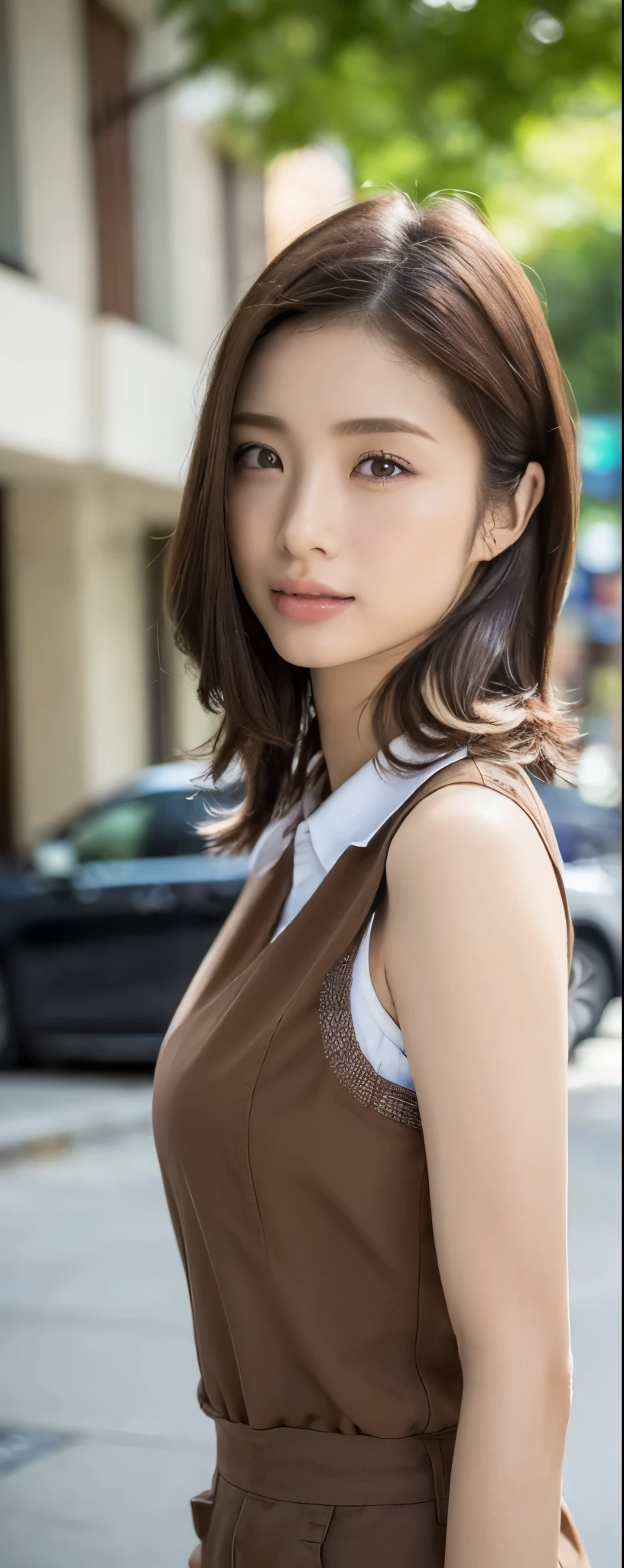 ((top-quality, 8K, masterpiece:1.3)), sharp focus:1.2, Beautiful Women in Perfect Style:1.4, Slender Abs:1.2, wearing sleeveless shirts wide pants, ((dark brown hair:1.2)), (natural soft light, City Street:1.1), Highly detailed facial and skin texture, A detailed eye, double eyelid, uniform, Female, 24 years old