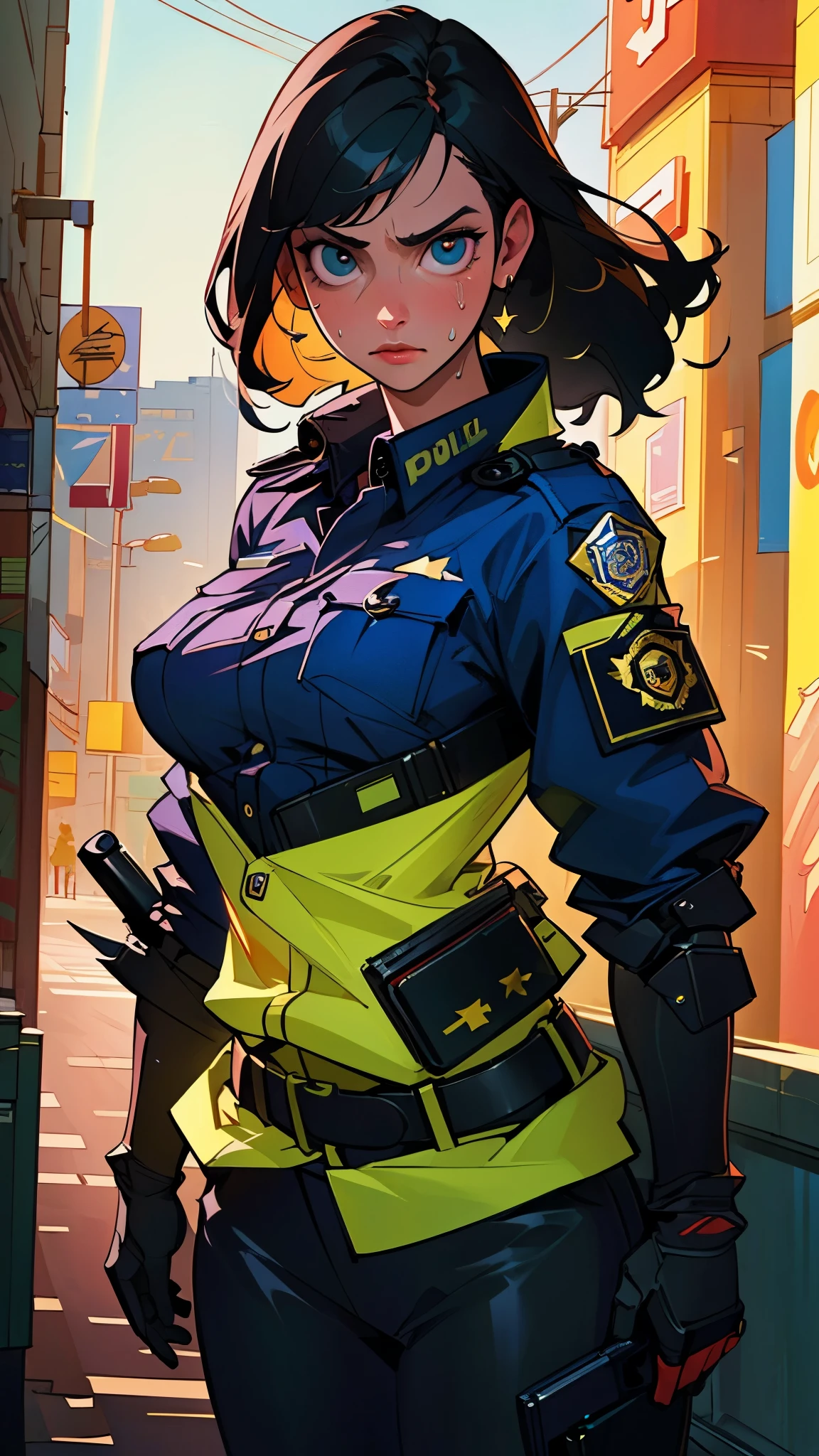 ((((masterpiece, best quality, high resolution)))), Extremely detailed 8K, 1 female, (Police Officer) wearing a cyberpunk police uniform and gear, (Ultra HD, Ultra-detailed, Highly detailed, Highly realistic, Ultra-realistic, photograph realistic), (1girl:1.5), (Realistic black hair), (dynamic poses), facing at camera, looking at viewer, (a serious focus face), (regular black eyes, sharp eyes), (perky breasts:1.2), (beautifully detailed face, beautiful detailed eyes), ((preparing for a police patrol)), (streets background), sweat, glow, (sunbeam, sunlight), ((cowboy shot)), seductive, EnvyBetterHands LoCon,