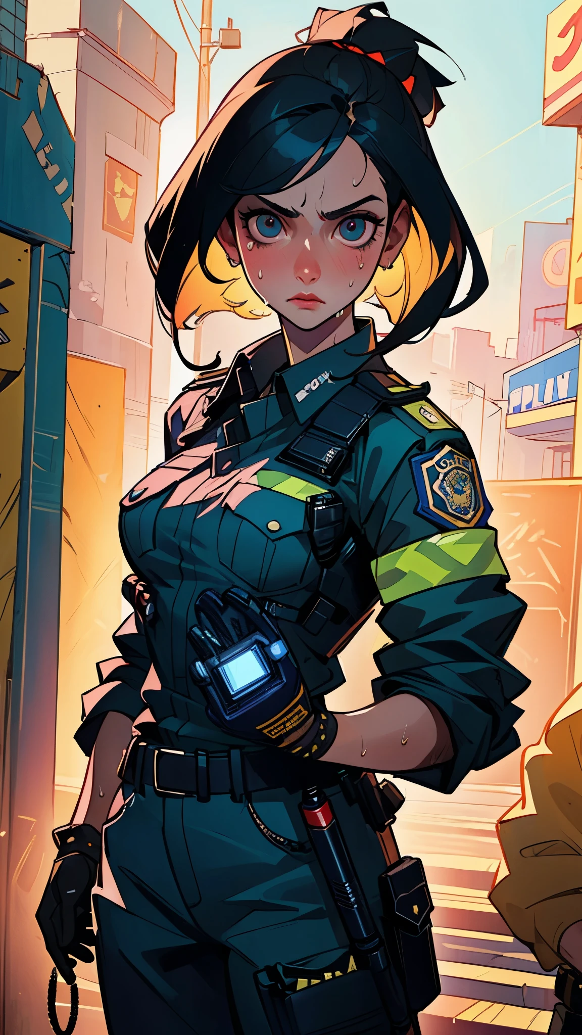 ((((masterpiece, best quality, high resolution)))), Extremely detailed 8K, 1 female, (Police Officer) wearing a cyberpunk police uniform and gear, (Ultra HD, Ultra-detailed, Highly detailed, Highly realistic, Ultra-realistic, photograph realistic), (1girl:1.5), (Realistic black hair), (dynamic poses), facing at camera, looking at viewer, (a serious focus face), (regular black eyes, sharp eyes), (perky breasts:1.2), (beautifully detailed face, beautiful detailed eyes), ((preparing for a police patrol)), (streets background), sweat, glow, (sunbeam, sunlight), ((cowboy shot)), seductive, EnvyBetterHands LoCon,