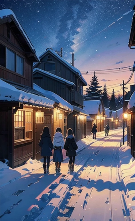 Grupo de jovenes jugando in the snow, in a village, White snow, an image of Makoto Shinkai, trend on pixiv, conceptual art, guweiz style artwork, Guweiz and Makoto Shinkai, Sakimichan and Makoto Shinkai, ( ( Makoto Shinkai ) ), in the snow, beautiful anime scene