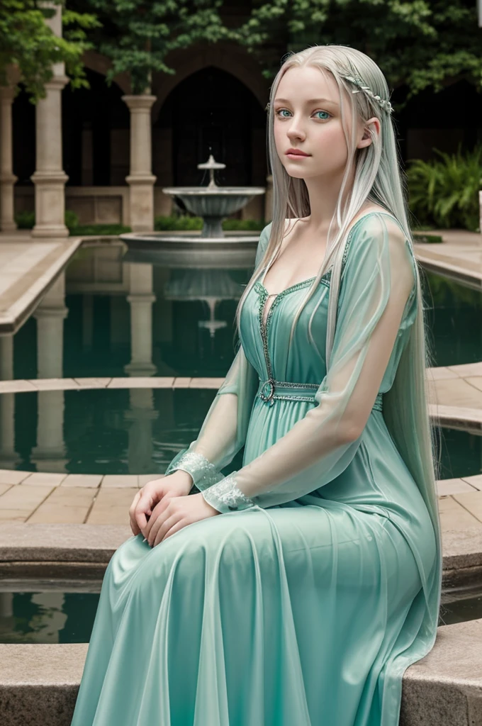 Draw a girl, sitting next to a fountain of water, looking at her reflection, she has big green eyes and porcelain skin so clear that it was almost translucent, long silver-colored hair, she wears a green dress from the year 1500, has a melancholy expression