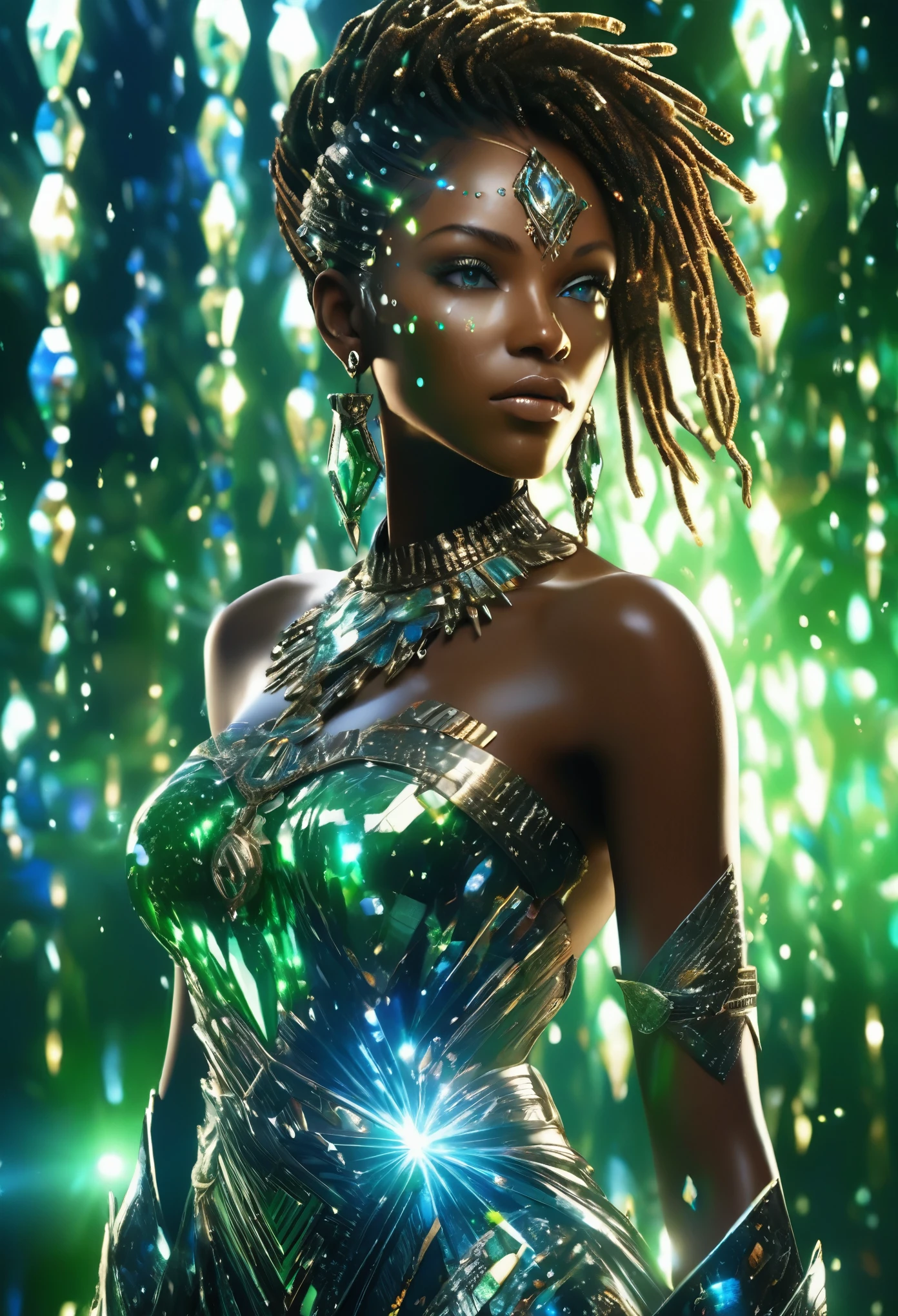 Full body shot of beautiful black woman in african clothes, blue eyes, green light rays shining all over her skin, glittering wet skin, in an empty area full of abstract shaped reflecting crystals with green light rays bouncing on the reflecting crystals,3d animated image in the style of final fantasy 7, very high detailed and clear image, 32k high definition and high resolution images, unreal engine 5 rendered. Hyper-realistic images with high detailed features providing a viewer with a clear high definition well created masterpiece of art..