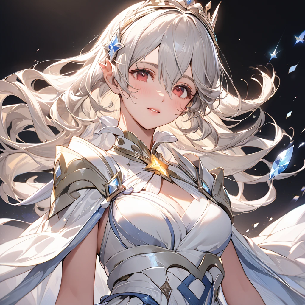 ((Highest quality)), ((masterpiece)), (detailed), (Perfect Face)、The woman is Kamui, a princess of light with medium-long silver hair and a beautiful dress.