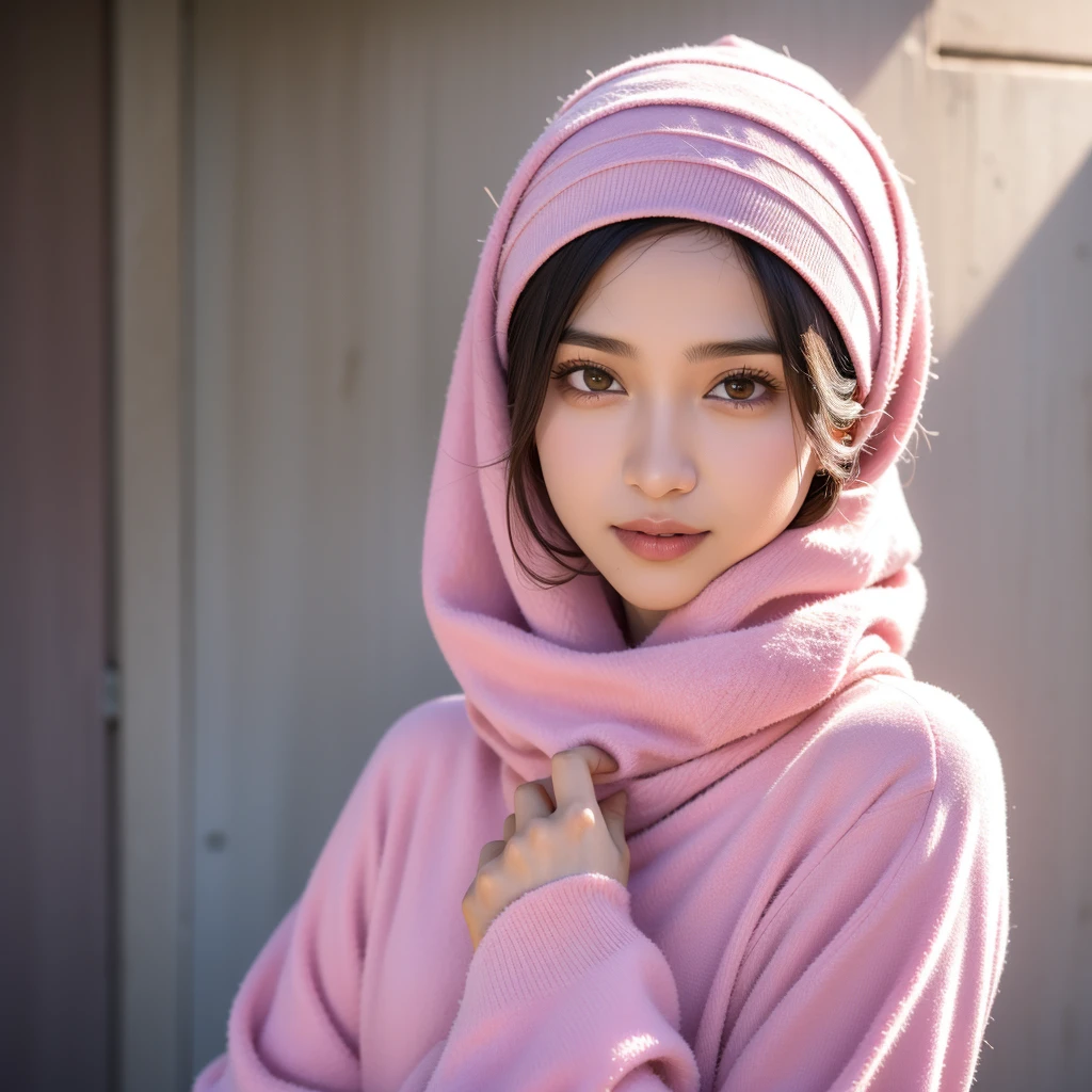 there is a woman wearing a headscarf and a pink shirt, inspired by Fathi Hassan, faridah malik, old picture, inspired by Naza, desaturated!!, inspired by Nazmi Ziya Güran, close up potrait, inspired by Shaddy Safadi, hijab, potrait, inspired by Mym Tuma, protrait
