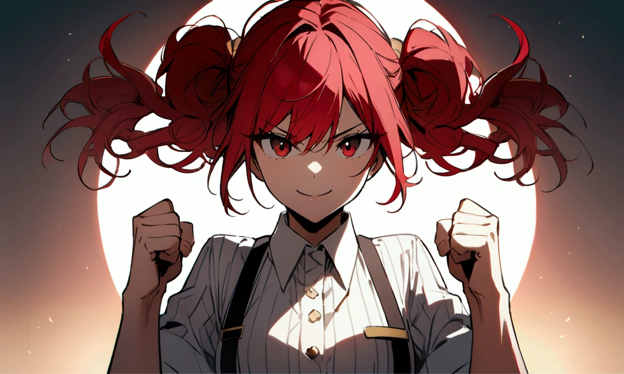 Smile, red hair, clenched fists, white shirt