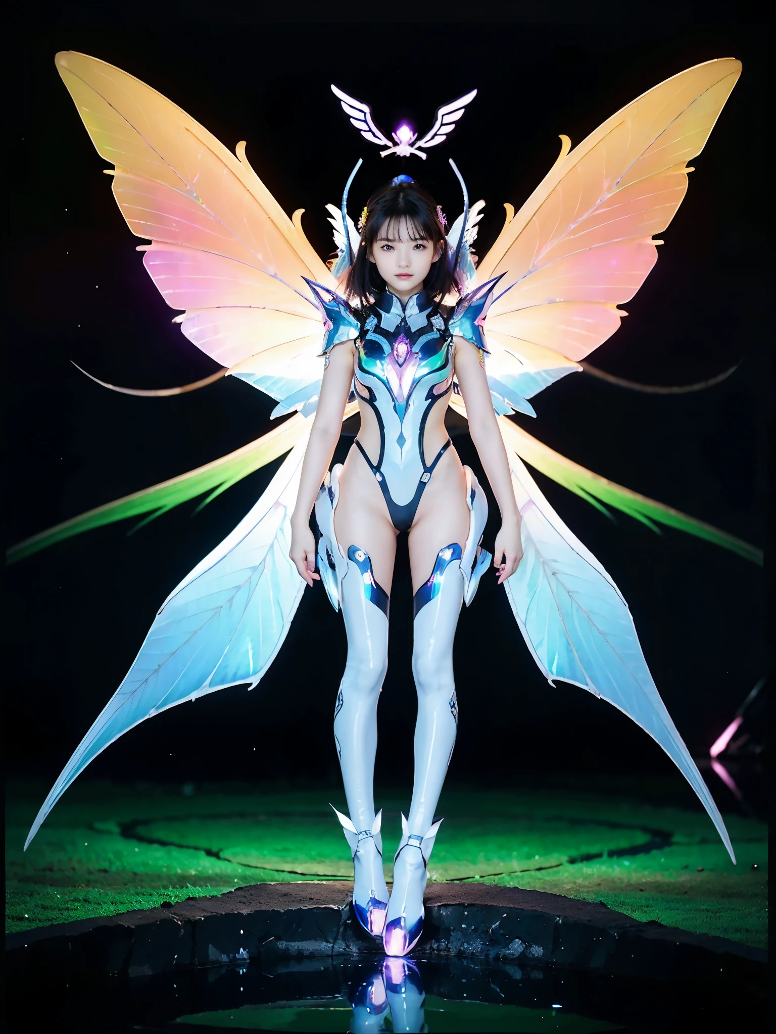 1girl, Armor, Wings, beautiful dragon, futuristic evolved Nekomata, (Neon glowing body), 2 tails, holographic, (The wings are symmetrically paired;1.5), Tricolor color body

