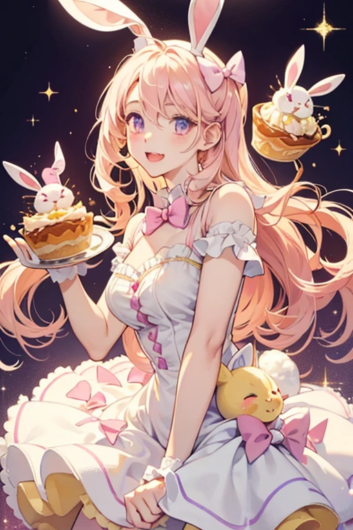 Cream E. Custard is a neopolitan tri-split bunny flan. Her top is pale pink, her middle vanilla, and her bottom is pale brown, where her face resides. She has a shut eye and wide opened mouth. She wears a violet bow. SPARKLE; GLITTER