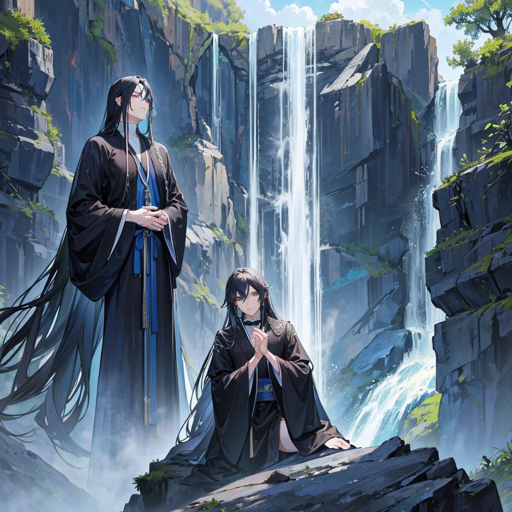 1mature man, black long hair, azure eyes, black and blue sage robe, waterfall background, meditation pose, athletic builds