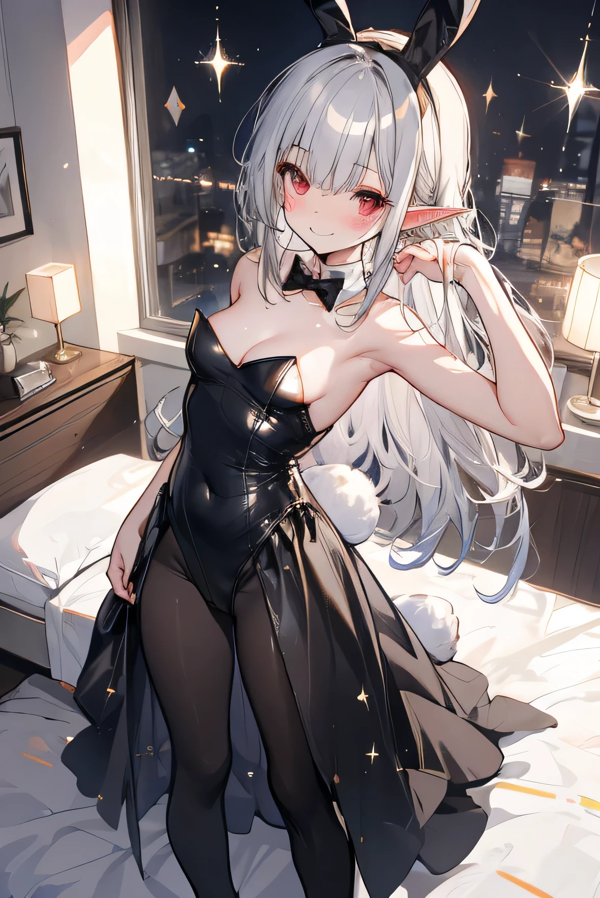 Masterpiece、Anime Coloring、Ultra fine、16K、Highest quality、from above、full body、looking up、light smile、((((blush))))、sparkle in the eyes、detailed eyes、Looking up、bed、((Elven pointed long ears))、Stylish room、、((Black strapless bunny girl costume))、Small breasts、Red eyes、Cleavage、((Silver Hair))、Long Hair、Golden ratio face、Are standing、Leaning forward、Bedroom