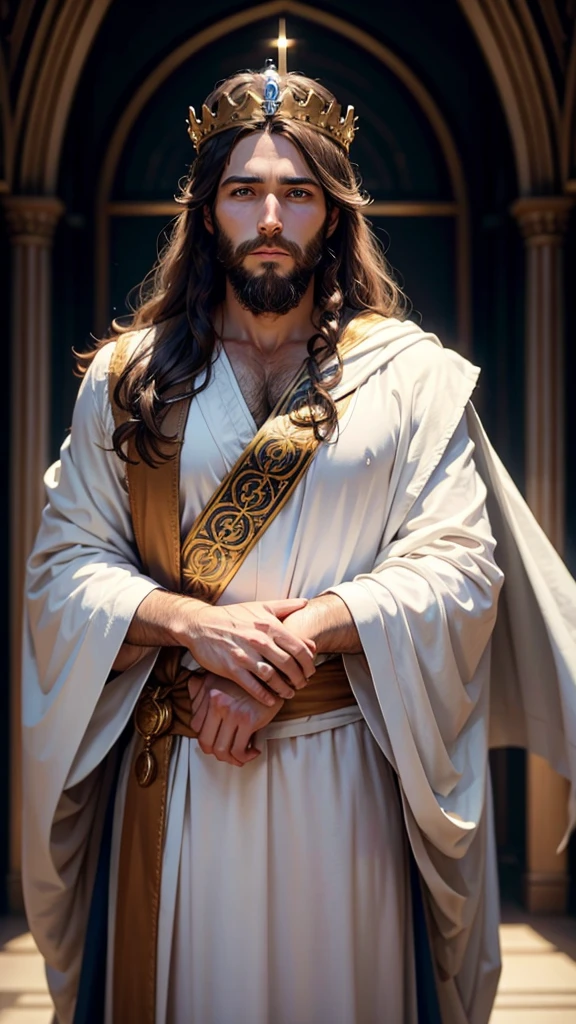 JesusChrist, 30 years old man, long hair and brown beard! a beautiful face with blue eyes, wearing a simple white robe! Open arms, crown of thorns on the head.
