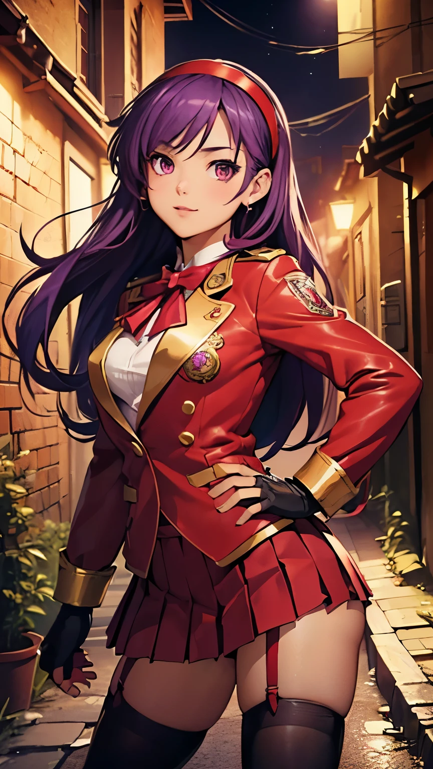 Athena Asamiya，((Beautiful purple long hair，Red headband))，(8k，Realistic，RAW Photos，Highest quality:1.28)，Beautiful Face，Realistic lips，Beautiful and detailed hair，Charm，Intricate details，Very beautiful and detailed eyes，(Red Blazer Uniform，Red gloves on both hands，Pleated mini skirt，Black Tin High Stockings:1.35)，A relaxed smile，Intricate details，Supermodel，A pure and righteous super idol，(Confronting a thug:1.25)，(Sexy panties visible:1.17)，Detailed Pixels，Dynamic Angle，((A dead end in a back alley late at night:1.05))，Professional Lighting