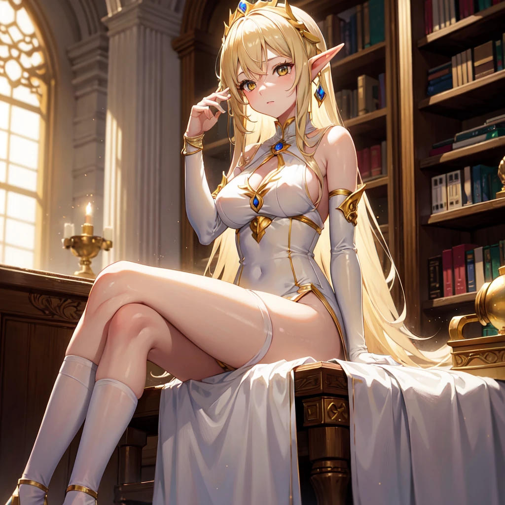 1 elf girl, long blonde hair, yellow eyes, wearing creamy white elf dress, brown accessories on arm wrists and ankles, sitting in a throne inside a library, high res, ultrasharp, 8k, masterpiece , naked , hentai , big , big oppai