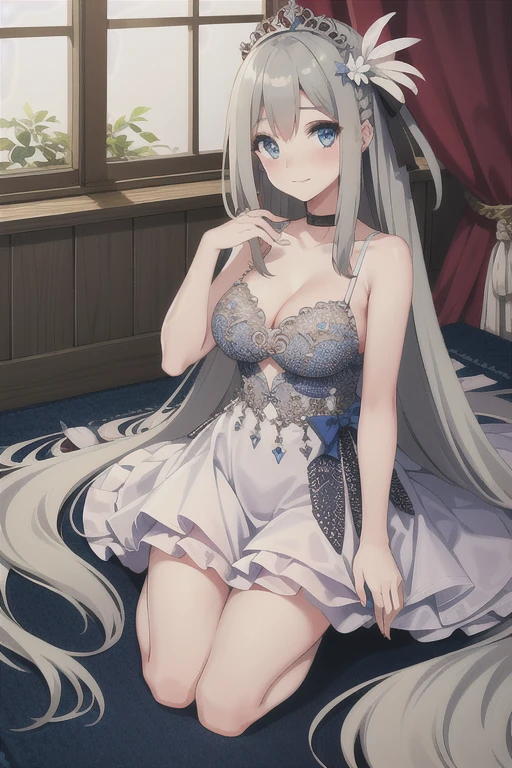 lexington \(warship girls r\),((Best quality))),((Ultra-detailed)),((illustration)),((Disheveled hair)),((frilld)),(1 girl),(Solo),
1girl, solo, (8k, masterpiece:1.2), highly detailed, ultra-detailed, masterclass, hair_between_eyes, braid, perfect lighting, medium breasts, hair ornament, Flaxen long hair(delicate eyes), (blue eyes), (detailed facial features), full body, long_hair, blush, feathers hair ornament, (dark blue wedding dress:1.2) night, windows, indoors, light, indoors, carpet, illustration, cowboy shot, masterpiece, best quality, best quality