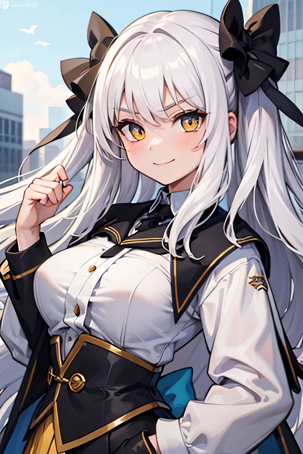 a student girl, white hair, yellow eyes, serious smile