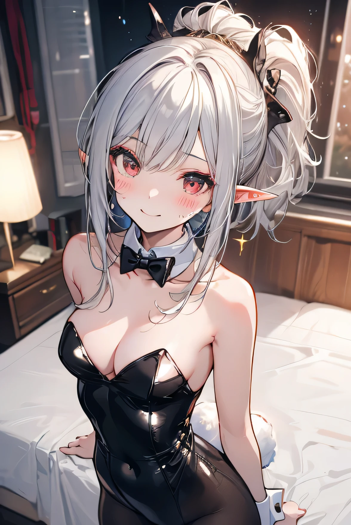 Masterpiece、Anime Coloring、Ultra fine、16K、Highest quality、from up、cowboy shot、light smile、((((blush))))、sparkle in the eyes、detailed eyes、Looking up、bed、((Elven pointed long ears))、Stylish room、、((Black bunny girl costume))、Small breasts、Red eyes、Cleavage、((Silver Hair))、medium hair、Golden ratio face、Are standing、Leaning forward、Bedroom、ponytail、