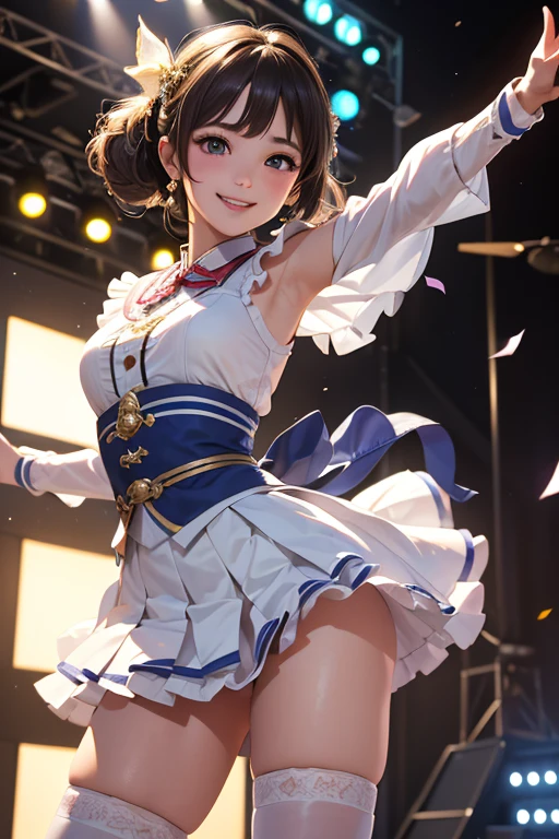 (Highest quality、 8k 、masterpiece、High resolution)、(Dancer)、Full Body Shot、15 year old girl、Idol、cute、Dancing with a smile、Outdoor Stage、AKB48 Costumes、Realistic、Realistic、Official Art、Detailed CG、Professional Lighting、Professional photographer、