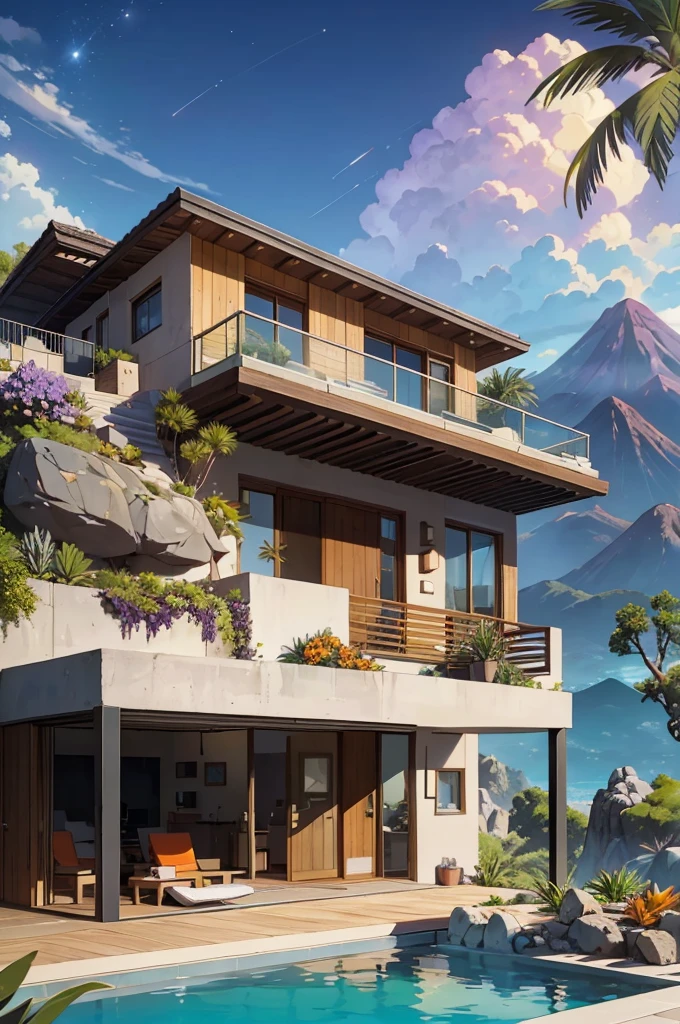 small and beautiful modern house in top of big boulders, terraces, pool, stairs, multiple cacti gardens, palms, trees, rocks, beautiful landscape design, mountains and volcano y background, amazing clouds, sun, moon, planets, milky way galaxy, concrete, wood, glass and steel materials, olive green, violet, orange and withe colors in facade