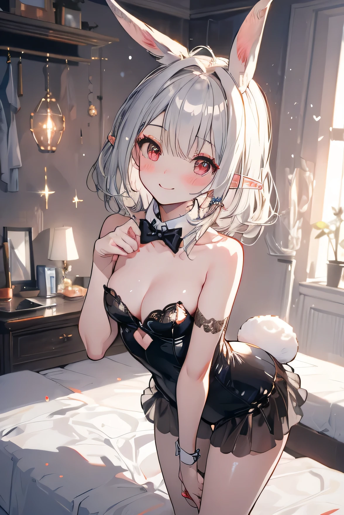 Masterpiece、Anime Coloring、Ultra fine、16K、Highest quality、from up、cowboy shot、light smile、((((blush))))、sparkle in the eyes、detailed eyes、Looking up、bed、((Elven pointed long ears))、Stylish room、、((Black bunny girl costume))、Small breasts、Red eyes、Cleavage、((Silver Hair))、medium hair、Golden ratio face、Are standing、Leaning forward、Nud