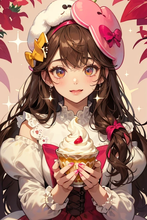 Coco Custard is a pale brown bear custard with dark brown syrup covering her head. She is sticking out her tongue and she has cream-colored cream on her head topped with a strawberry and leaf. On each ear is a fuchsia bow. SPARKLE; GLITTER