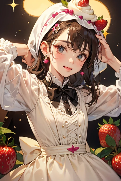 Coco Custard is a pale brown bear custard with dark brown syrup covering her head. She is sticking out her tongue and she has cream-colored cream on her head topped with a strawberry and leaf. On each ear is a fuchsia bow. SPARKLE; GLITTER