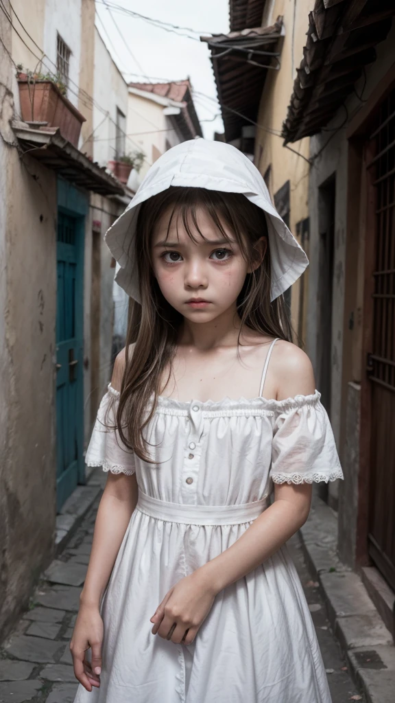 create an image of a  in a white dress who is a soul in pain, spirit, ghost, horror, gloomy, hollow-eyed, fear, terror, walking the streets of Guanajuato, Mexico.
