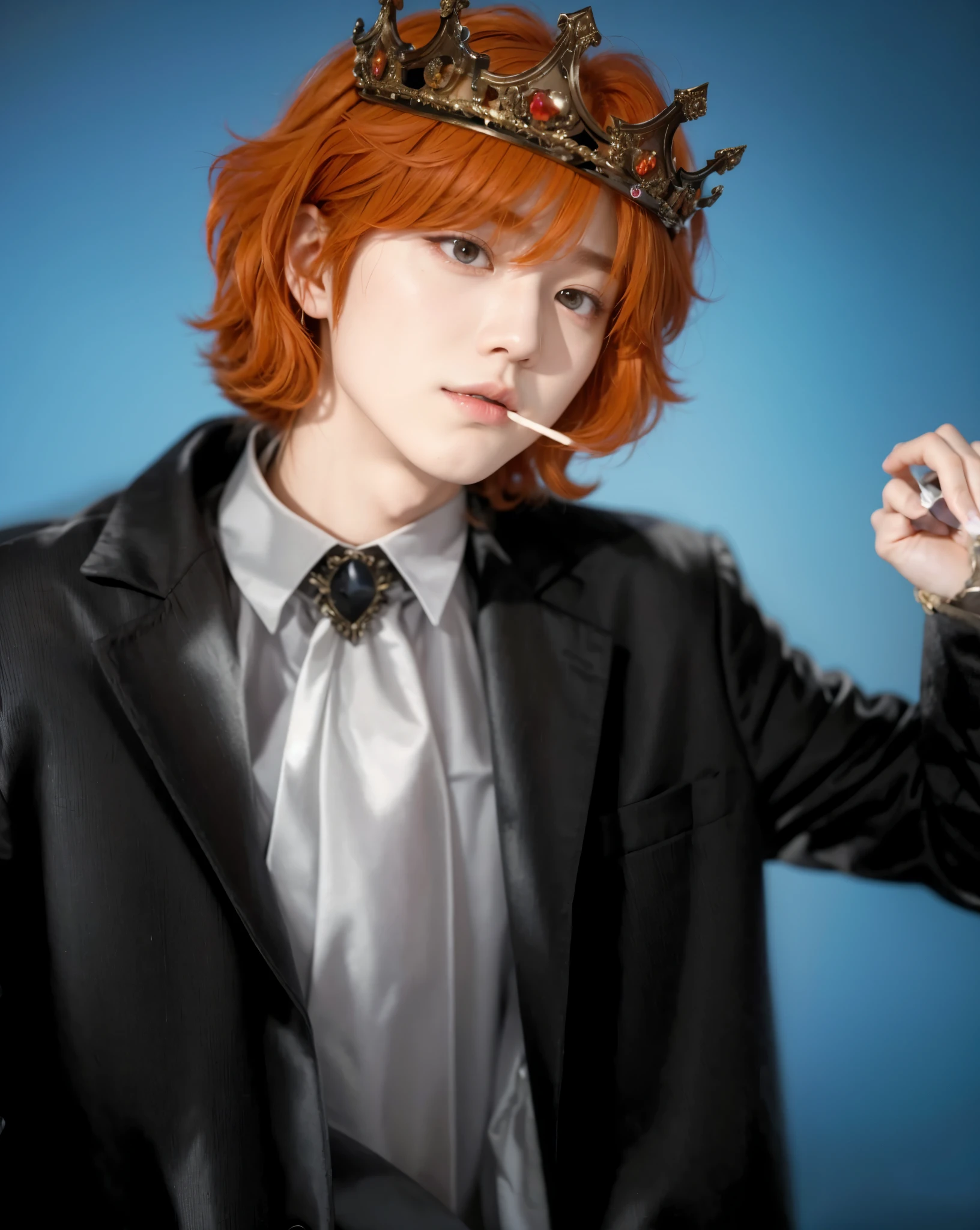 Hyunjun hur actor and kpop idol boy more realism in hair and clothes. orange hair Hyunjun, the actor and K-pop idol, embodies a unique sense of realism with his orange hair. He exudes princely charm with a crown atop his head, dressed regally in princely attire. His sharp features add to the intriguing mix, enhanced by the vibrant hue of his hair. Against the backdrop of a majestic castle, Hyunjun's aura is complete, a perfect blend of royalty and modern flair, captivating all who lay eyes on him.
