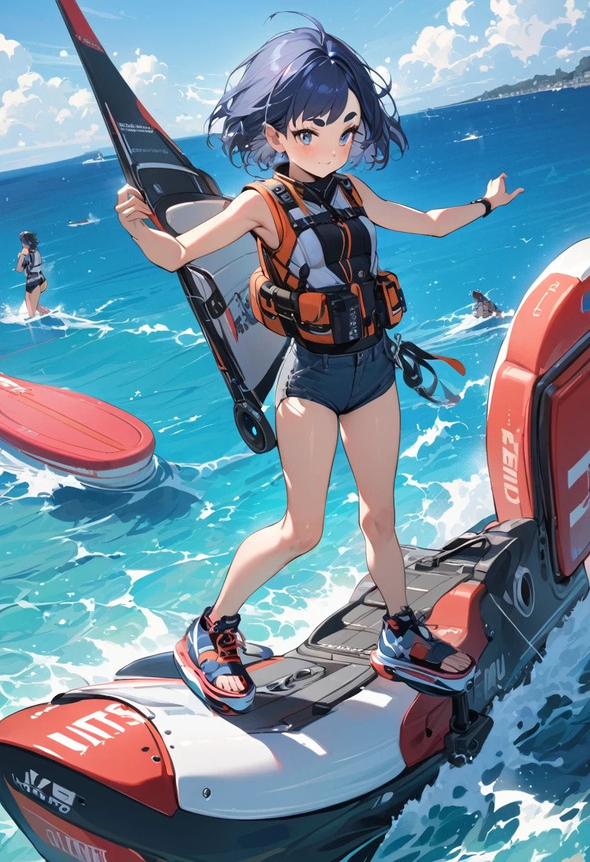 (masterpiece, best quality:1.1), (ultra highres, ultra-detailed:1.2),beautiful art,(girl is enjoying flyboarding),life vest,flyboard,Clear and beautiful sea and blue sky,(16yo,detailed face,(darkblue hair, wavy-short hair),middle thick eyebrows,,middle small breasts,fullbody),