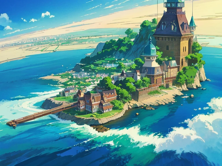 animesque、beautiful seaside steampunk observatory、Landscape without buildings、(no people:1.5), You can see the touch of the brush、studio ghibli、Ghibli、Scenery、Style、Golden Time、sky line