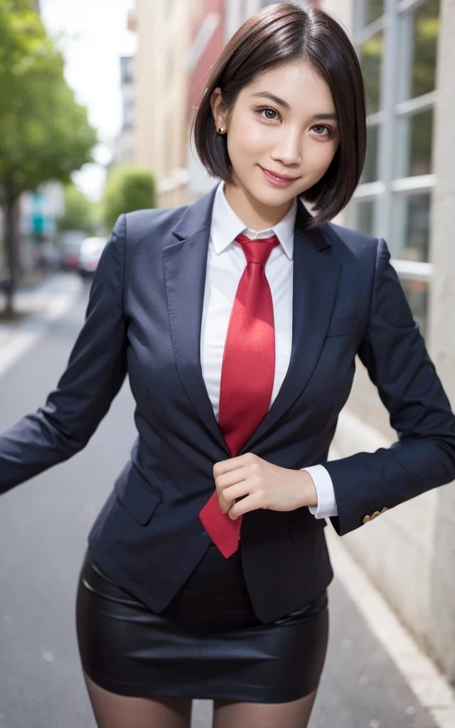 girl, Hyper Realistic, masterpiece, smile, portrait, bobhair, skirt suit, dress shirt, red necktie, blazer, bodycon miniskirt, pencil skirt, tights, pantyhose